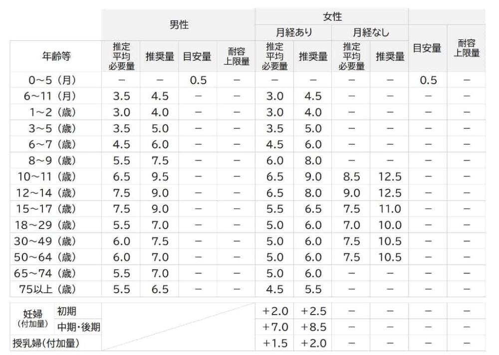 鉄 日本人の食事摂取基準2025年　推奨量　目安量　所要量 